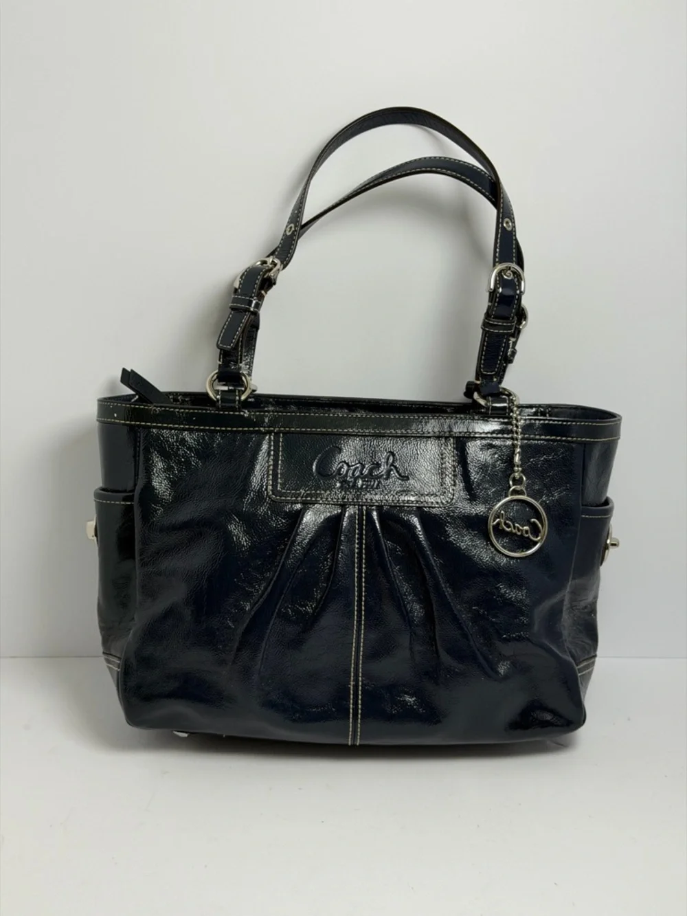 Coach Y2K East West Gallery Midnight Pleated Patent Leather Tote